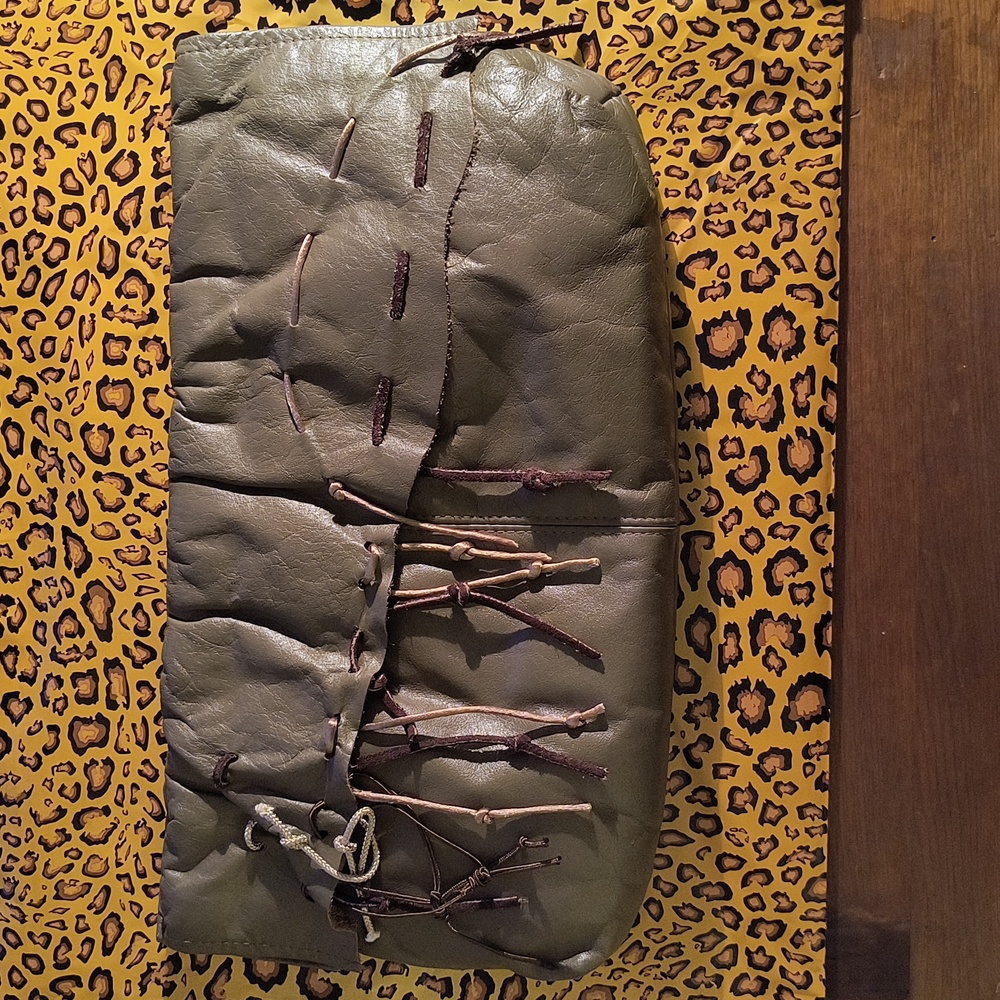 Opulent Containers Vintage African Leather Fringe Shoulder Bag Olive Green EUC
